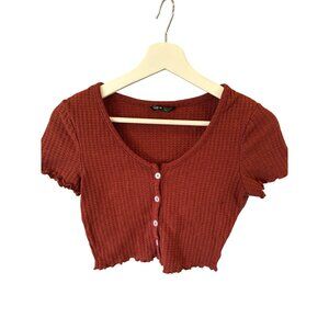 Shein Ribbed Knit Cropped Top XS Rust Red Button Up Lettuce Hem Casual Holidays